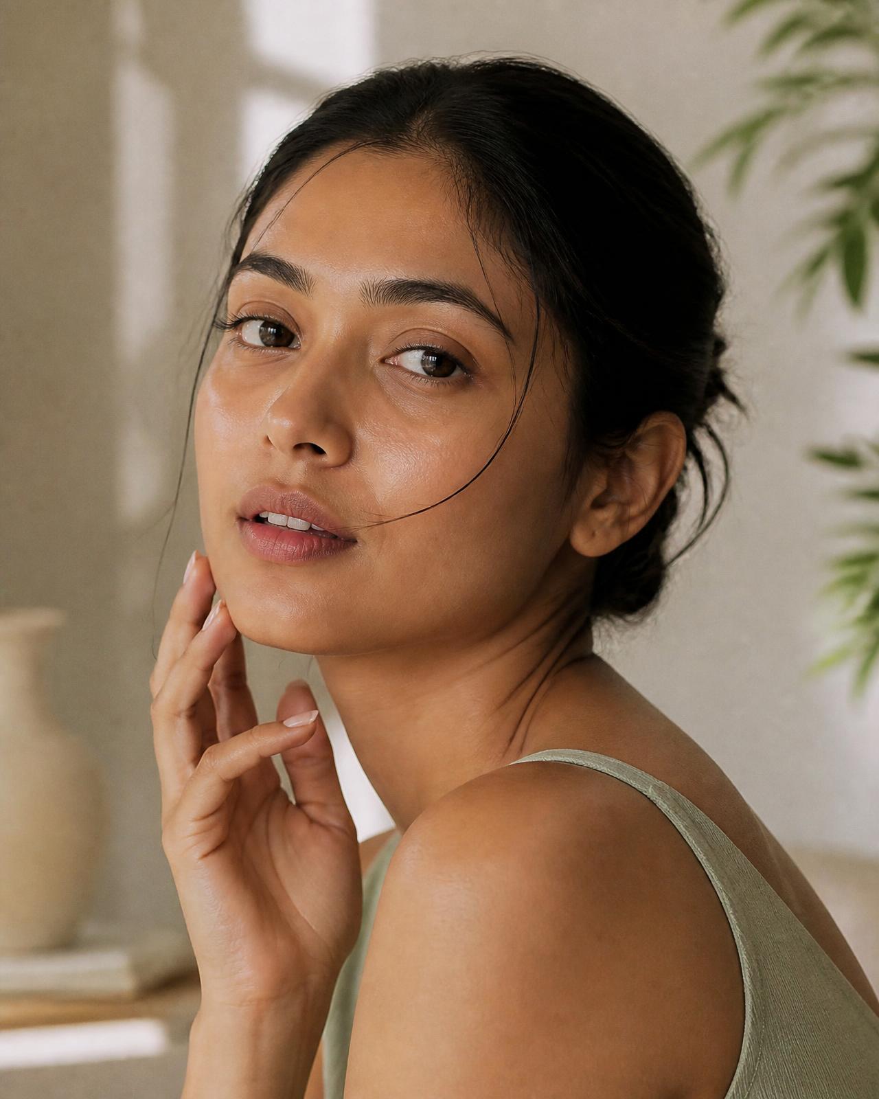 A woman in warm morning light resting a hand against her jaw, bare skin, no makeup