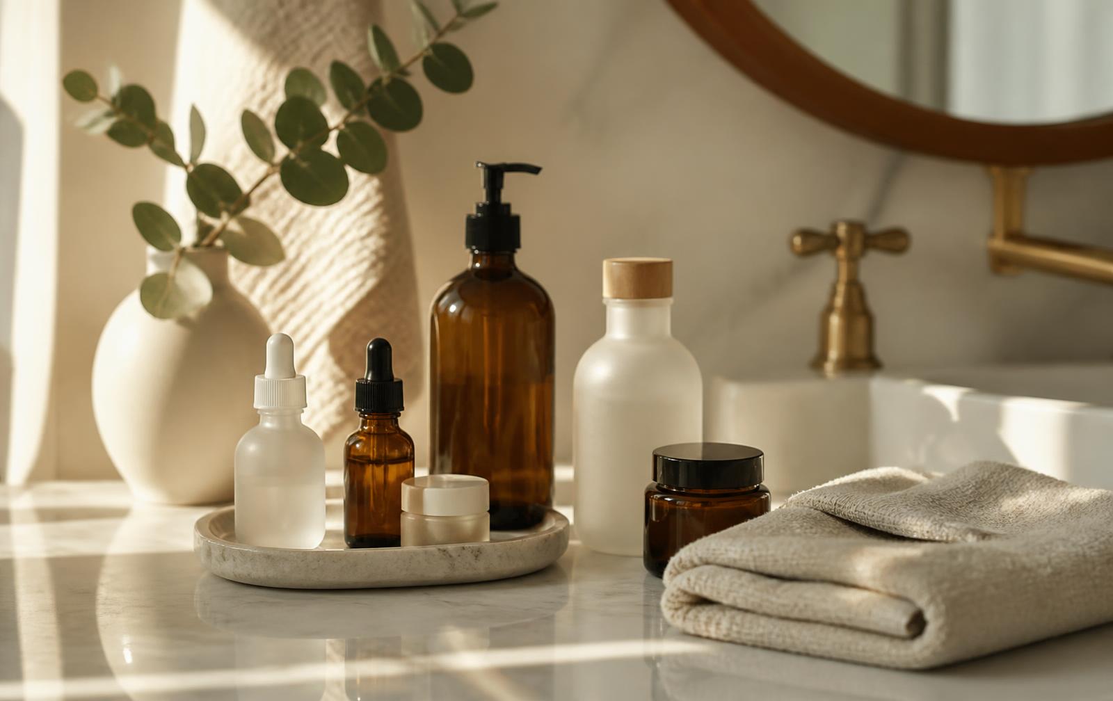 Unbranded skincare bottles on a marble bathroom counter in soft daylight
